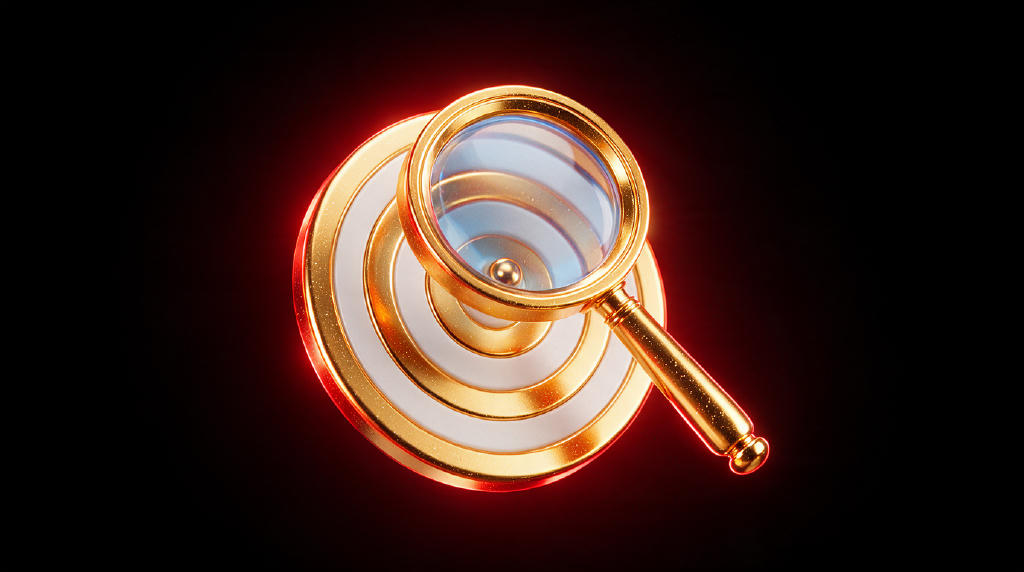 3D golden magnifying glass over a target
